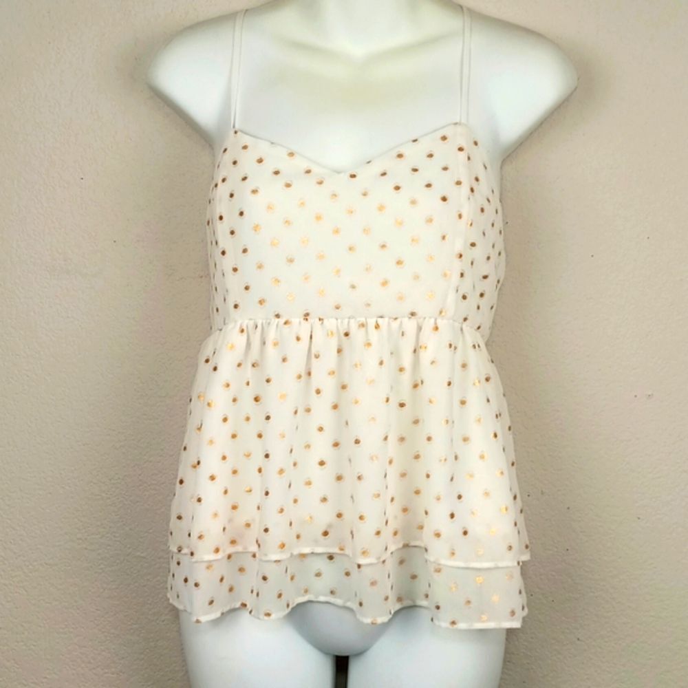 Gianni Bini White Ruffled Tiered  With Gold Polka Dots Top sz XL Boho Babydoll